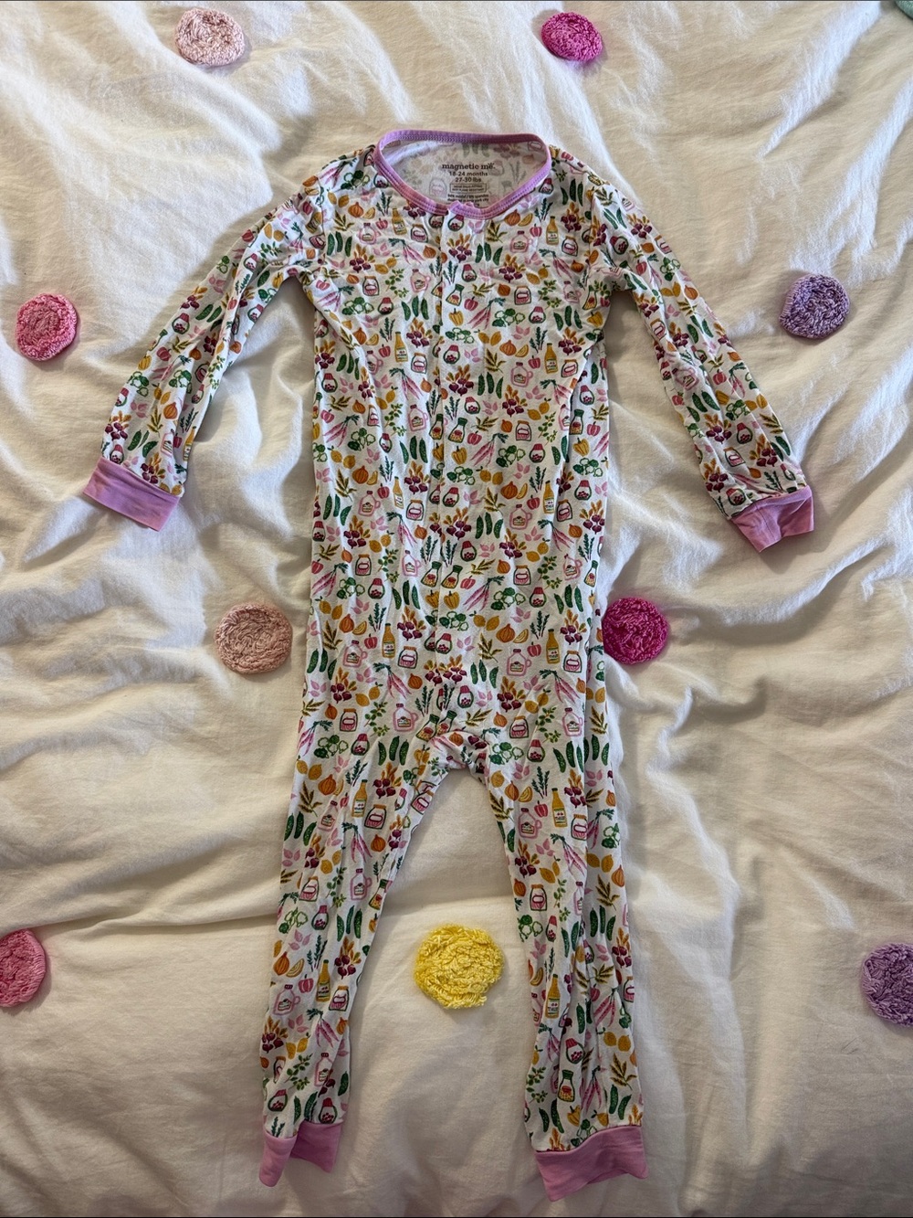 Magnetic Me White Floral & Tulip Print One-Piece Pajamas with Pink Trim